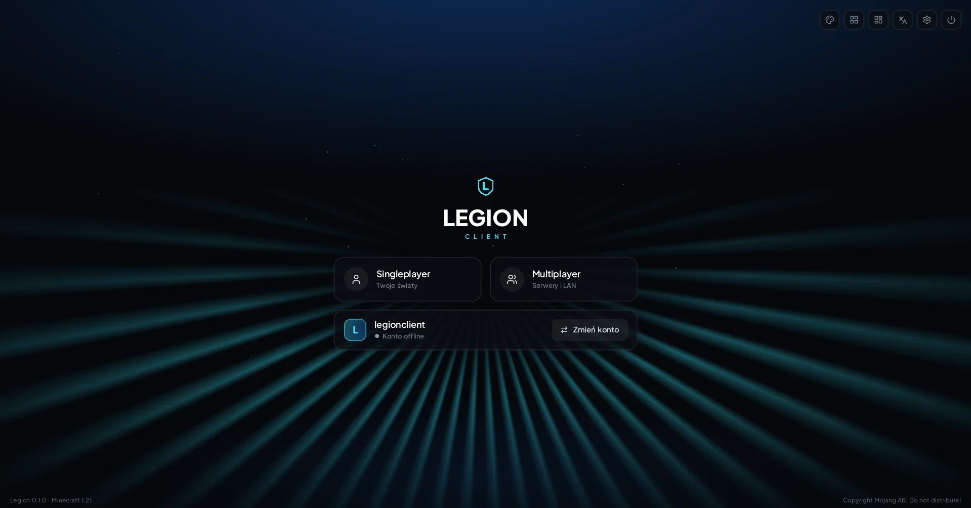Menu główne Legion Client z promieniami światła, przyciskami Singleplayer i Multiplayer oraz kartą konta